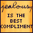 Two side-by-side pixelated display the phrase 'jealousy is the best compliment' with identical background and text layout, differing only in one word's color