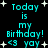 Pixelated cyan text on black background reads 'Today is my Birthday! <3 yay' with white star shapes scattered throughout, animated to shift positions across frames.