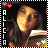 Pixelated image of a person with long dark hair holding a book, bordered by a black-and-white checkered frame with colored text and symbols.