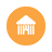 A circular orange icon with a white border contains a pixelated white building symbol on an orange background.