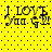 Yellow background with black dotted pattern, four identical pixelated text blocks reading "I LOVE You G" in dark gray and light gray lettering