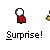 Pixelated cartoon figures with white heads and red/yellow bodies perform hand gestures under "Surprise!" text on gray background.