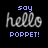 Pixelated text displays 'say hello' with three variations of closing phrases on black and gray backgrounds.
