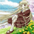 Anime-style character with long blonde hair sits on grassy hill, wearing brown dress and sandals, against blue sky with clouds.