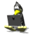 Animated penguin with yellow beak and feet, wearing dark hooded cloak, holding black laptop in front of white background.