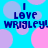 Blue background with pink and purple circles, text 'I LOVE WRIGLEY!' in blue pixelated font, two identical side-by-side