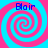 Four identical spiral patterns with alternating cyan and magenta colors, each containing the text 'Blair' in blue pixelated font at the top.