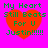 A static image with a bright pink background featuring a large red heart shape and green text reading "My Heart Still Beats For U Justin!!!!!".