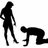 Two black silhouettes on white background: one standing figure with arms at sides, another crouching figure with bent knees and hands touching ground.