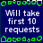 Blue background with white text reading "Will take first 10 requests" and green pixelated border elements in a