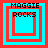 Four identical pixel-art display "MAGGIE ROCKS" text above nested square frames with cyan and red borders