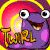 Animated contact sheet of a purple cartoon character with large eyes and pink spots against a swirling red-yellow background, displaying three sequential frames where the character's mouth opens wider and text shifts slightly.
