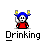A 3x3 contact sheet of a pixel art animated icon showing a character with blue hair and yellow sparkles performing various drinking actions across nine frames.