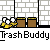 Animated sequence of yellow cartoon figures interacting with brown trash bins against a white brick wall background.