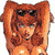 Pixelated orange-brown figure with long hair, raised arms, and a smiling expression against a white background.