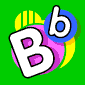 Animated contact sheet of a cartoon-style icon featuring large white letter B, small blue lowercase b, and red-and-blue ball on green background with yellow stripes.