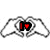 Six hand-formed heart shapes with text or symbols inside, arranged in two of three on a white background