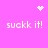 Pixelated pink background with four 'suckk it!' text blocks and three white pixel symbols: a heart, starburst, and dot cluster.