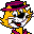 Pixelated cartoon character with yellow hair, purple hat, and red mouth against gray background.