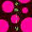 Pixelated pink circles on dark brown background with green vertical text 'emily' in two