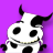 Pixelated cow icon with white body, black spots, and two curved horns against solid purple background.