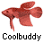 A 3x3 contact sheet of eight animated frames showing a red betta fish in various poses with the text "Coolbuddy" beneath each frame.