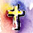 A pixelated static icon featuring a black-outlined cross with yellow and white fill against a gradient background of red, orange, blue, and purple hues.