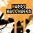 A static pixel art image with orange background and black-and-white splatter patterns, displaying 'HAPPY HALLOWEEN' text in a blocky font at the top of each repeated section.