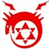Red circular emblem with white star-like symbol inside, surrounded by red spiky extensions and two curved red lines above.