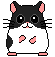 Pixel art hamster with black and white fur, pink inner ears, nose, feet, and chest spots, standing against gray background.