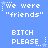 Blue background with white pixelated text reading "we were 'friends'" and "BITCH PLEASE..." arranged in a pattern, featuring small star symbols