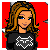 Animated contact sheet of a pixel art character with long brown hair wearing black clothing, showing multiple poses and text variations on red starry background.