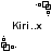 Pixelated black-and-white icon with overlapping squares and dots, text "Kiri..x" below, animated rotation of square elements.