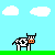 Pixel art cow icons on a light blue background with white clouds, showing sequential animation frames with varying cow positions and a 'moo?' text element.
