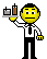 Pixel art contact sheet of a yellow-faced character in white shirt and black tie holding tray with two bottles, showing seven distinct facial expressions across frames on gray background.