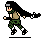 Pixel art character in four poses: running, side-step, and two kicking motions with flowing black hair and green camouflage pants.