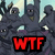 Pixelated animation of a gray cartoon character with multiple arms holding weapons, displaying red text phrases over