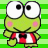 A 48x48 pixel animated contact sheet showing two frames of a green cartoon frog character with large white eyes, pink cheeks, and a red-and-white striped outfit against a green checkered background.