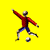 Animated sequence of a figure in red top and blue shorts performing soccer actions against yellow background with white ball.