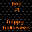 Pixelated orange text and emoticons on a black background with white dots, arranged in four quadrants.