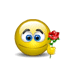 Yellow circular emoji face with blue eyes holding red rose, displaying multiple expressions including neutral, smiling, sad, and open-mouthed, with speech bubbles containing text.