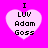 Four identical pixelated heart-shaped icons with black text on a bright pink background, each displaying "I LUV Adam Goss" in stacked lines.