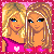 Pixel art contact sheet of four animated frames showing two blonde cartoon women in pink outfits with