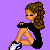 Pixel art of a girl with curly brown hair sitting on a purple background, surrounded by text fragments in white and pink.