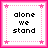 A 5x5 contact sheet of animated frames from a pink-bordered buddy icon showing text and heart symbols transitioning between 'alone we stand', 'together', and 'fall' states with varying pixel art styles.
