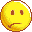 Three yellow circular icons with brown outlines and pixelated expressions showing neutral, sad, and confused states against a gray background.