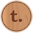Circular wooden-textured icon with a brown lowercase 't' and small dot centered on a light brown background.