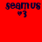 Four identical red square display dark blue text 'seamus' with a heart-emoji-like symbol and number below, arranged in two