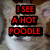 A four- of a cat's face with red pixelated text overlays reading "I SEE A HOT POODLE," "Shes Looking At Me," "Shes Perked Up," and "to bad i just got neutered." The cat has light brown fur with white patches and a neutral expression