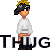 Pixel art contact sheet showing two frames of an animated icon featuring a character with yellow hair, black headband, blue eyes, white shirt, orange belt, and dark pants standing against gray background with "THUG" text partially visible below.